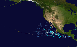 A map of the tracks of all the storms of the 2022 Pacific hurricane season.