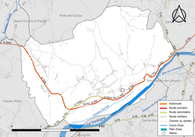 Carte en couleur présentant le réseau hydrographique de la commune