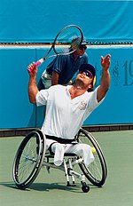 David Hall, Australia's most successful wheelchair tennis player, serving at the 1996 Atlanta Paralympic Games