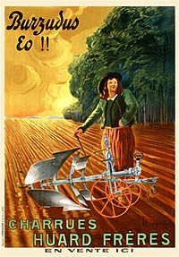 Affiche publicitaire Huard avec un personnage et une charrue brabant