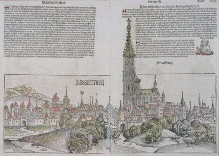 photo d'un livre de 1493 montrant une gravure des murs de la ville