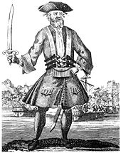 Engraving of the English pirate Blackbeard from the 1724 book A General History of the Pyrates. The book is the prime source for many famous pirates of the Golden Age. Bbeard Sword.jpg