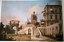 Capriccio z renesančního Palazza s monumentálním schodištěm, hodinovou věží a dále Titovým obloukem