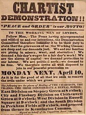 Flyer for the Chartist demonstration on Kennington Common, 1848 Chartist Demonstration Kennington Common Flyer 1848.jpg