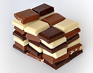 Olika sorters choklad: mjölkchoklad, nötchoklad, mörk choklad, och vit choklad.