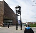 According to one tradition[dubious – discuss], if an undergraduate steps on the yellow seal at the base of this clock tower, he or she will not graduate in four years, but in five or more. Wilson Commons is to the left.