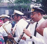 Dr Michael White (front right) plays clarinet at a jazz funeral in Treme, New Orleans, Louisiana.