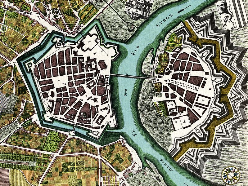 Stadtplan von Dresden, angefertigt von Matthäus Seutter. (Kolorierter Kupferstich aus dem Jahre 1750.)