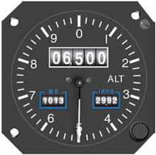 An illustration of a new-style altimeter that demonstrates how the rotating drums and single needle appears to the pilots