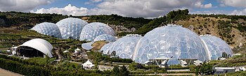 Panoramic view of the geodesic dome structures of the Eden Project.