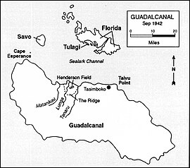 Guadalcanal in September 1942, showing Taivu Point (the first detachment landing) and Henderson Field (the planned point of attack) Guadalcanal with Taivu Point.jpg
