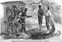 Passers-by abused the bodies of Union supporters near Knoxville, Tennessee. The two were hanged by Confederate authorities near the railroad tracks so passing train passengers could see them. Hensie-fry-hanging-brownlow-1861.jpg