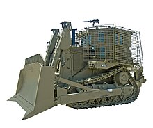 Israeli IDF Caterpillar D9 armored bulldozer, which is used by the IDF Combat Engineering Corps for clearing heavy belly charges and booby-trapped buildings. IDF-D9-Zachi-Evenor-001.jpg