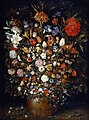 Großes Blumenbouquet in einem Holzgefäß, ca. 1606–1607, Öl auf Holz, 98 × 73 cm, Kunsthistorisches Museum, Wien. Das Bild enthält ca. 130 verschiedene Blumen und wurde mindestens 12-mal kopiert.[36]