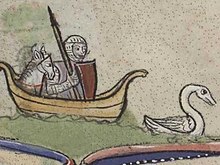 Vyobrazení rytíře na loďce, která je tažena labutí