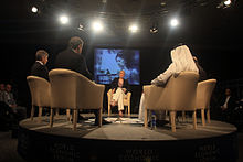 Then-CNBC Europe journalist Louisa Bojesen moderates a debate at the 2009 World Economic Forum on the Middle East in Jordan. Louisa Bojesen - 2009 WEF Middle East.jpg