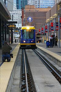 The first Type II LRV arrives at a media event on October 10, 2012, displaying "Green Line" on the destination board. Metro Transit (Minnesota) Siemens S70 arriving Target Field.jpg