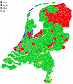Carte des Pays-Bas avec les partis les plus importants par commune