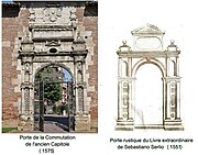 La porte de la Commutation de l'ancien Capitole s'inspire d'une porte rustique du Livre extraordinaire de Sebastiano Serlio.