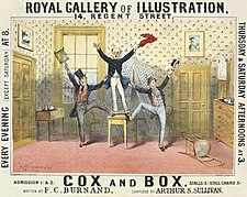 Theatre poster depicting three men waving jubilantly; the man in the middle is standing on a small table; his two companions each have one foot on the ground and the other on a chair