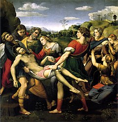 The Deposition (1507) by Raphael, showing a distressed, reddish-blond-haired Mary Magdalene dressed in fine clothes clutching the hand of Jesus's body as he is carried to the tomb Raffaello, pala baglioni, deposizione.jpg