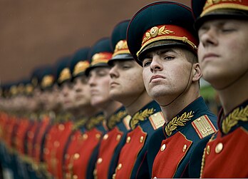 La garde d'honneur russe accueille Michael Mullen, amiral de la marine de guerre et président du comité des chefs d’États-majors interarmées des États-Unis d'Amérique, lors d'une cérémonie de dépôt de gerbes sur la tombe du soldat inconnu le 26 juin 2009 à Moscou, capitale de la Russie. (définition réelle 2 439 × 1 757)