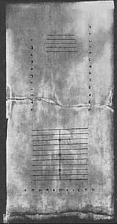 An early photograph of the Salamis Tablet, 1899. The original is marble and is held by the National Museum of Epigraphy, in Athens. Salaminische Tafel Salamis Tablet nach Wilhelm Kubitschek Numismatische Zeitschrift Bd 31 Wien 1899 p. 394 ff.jpg