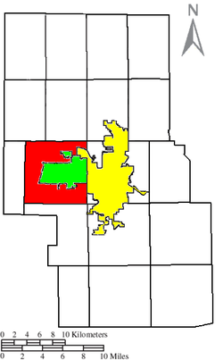 Location of Springfield Township (red) in Richland County, next to the cities of Mansfield (yellow) and Ontario (green).