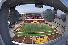 Visitor side from the main light bank on top of the press gallery TCF Bank Stadium 2.JPG