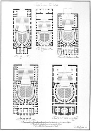 Plan en noir et blanc de cinq théâtres, annotations de texte, la forme commune en U des emplacements des spectateurs ressort.