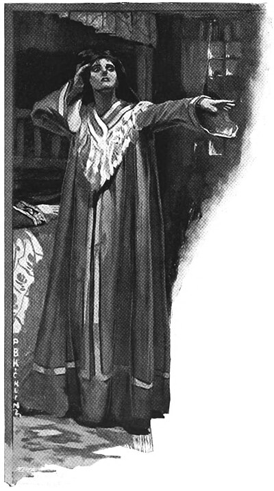 Illustration of a robed woman gesturing dramatically