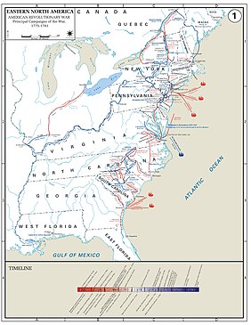 West Point Military Academy MAP of America east of the Mississippi River. Campaigns noted in New England; in the Middle colonies with three British (red sailing ship) naval victories; in the South with two British naval victories, and in Virginia with one French (blue sailing ship) naval victory. A Timeline bar graph below shows almost all British (red bar) victories on the left in the first half of the war, and almost all US (blue bar) victories on the right in the second half of the war.
