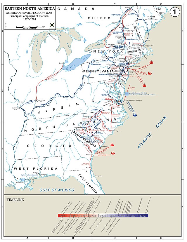 West Point Military Academy MAP of America east of the Mississippi River. Campaigns noted in New England; in the middle colonies with three British (red sailing ship) naval victories; in the South with two British naval victories, and in Virginia with one French (blue sailing ship) naval victory. A Timeline bar graph below shows almost all British (red bar) victories on the left in the first half of the war, and almost all US (blue bar) victories on the right in the second half of the war.