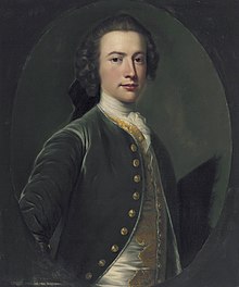 Valentine Morris (1727–1789), Governor of Saint Vincent, Ölgemälde von Allan Ramsay. Ein jugendlicher Mann mit hellem Gesicht, einer Perücke und einem dunkelgrünen Gehrock.