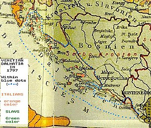 Mappa linguistica austriaca del 1896, su cui sono riportati i confini (segnati con pallini blu) della Dalmazia veneziana nel 1797. In arancione sono evidenziate le zone dove la lingua madre più diffusa era l'italiano, mentre in verde quelle dove erano più diffuse le lingue slave