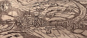 View of Geneva in 1550 from the lake, showing the main city on the hill and the bridge linking it to Saint-Gervais on the right bank of the Rhone river Vue de Geneve 1550.jpg