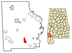 Location of Sims Chapel in Washington County, Alabama.