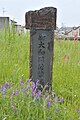 大和川左岸の藤井寺市にある「新大和川付替起点」の碑、後ろを近鉄道明寺線が走る