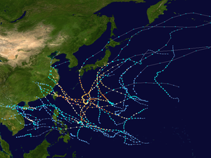 A map of the tracks of all the storms of the 2015 Pacific typhoon season.