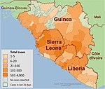 Carte des cas de virus Ebola recensés en 2014