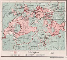 Religions in Switzerland by geographic areas in the early 20th century. Page from a school atlas in the collection of the Jewish Museum of Switzerland. 20th Century Geography of Religions in Switzerland.jpg