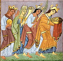 Personifications of Sclavinia ("land of the Slavs"), Germania, Gallia, and Roma (Italy), bringing offerings to Otto III; from the Gospels of Otto III 4 Gift Bringers of Otto III.jpg