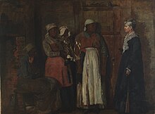 "A Visit from the Old Mistress", depicts a tense meeting between a group of newly freed slaves and their former slaveholder. A Visit from the Old Mistress.jpg