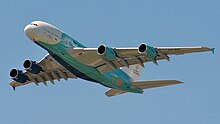 The sole Hi Fly A380 at the 2019 Paris Air Show. Airbus A380 9H-MIP, HiFly, at Paris Airshow, June 2019 (6).jpg