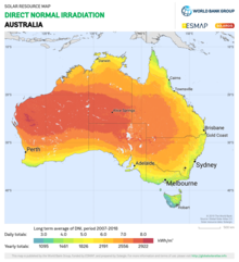 Vast solar potential is little used except on rooftops Australia DNI mid-size-map 156x171mm-300dpi v20191205.png