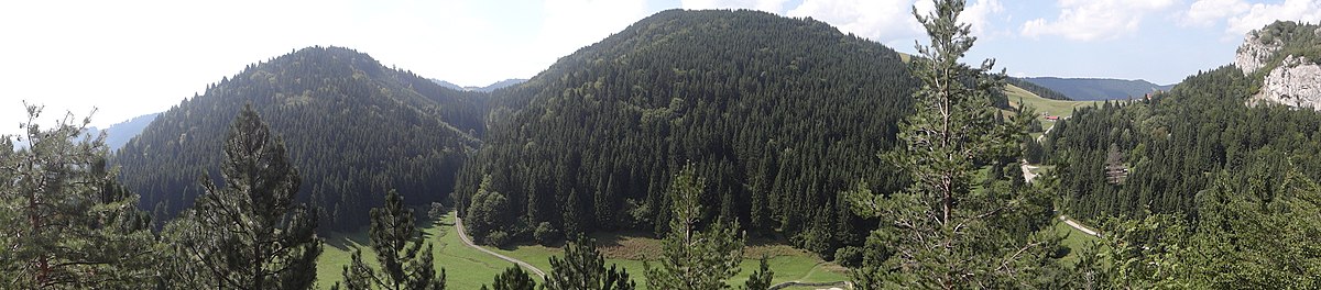 Panorama widokowa ze szczytu Sidorovo. Malinné na środku, po lewej Borovník, po prawej skała Malina