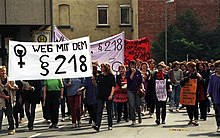 West German feminists protesting restrictions on abortion in 1988. Bundesarchiv B 145 Bild-F079098-0013, Gottingen, Demonstration gegen SS 218.jpg