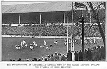 England v Ireland match in Leicester 1923 Crumbie Stand England v Ireland 1923.jpg