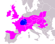 Rozšírenie Keltov v Európe: modrou farbou 1500–1000 pred Kr., ružovou 400 pred Kr.