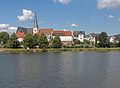 Erlenbach am Main, view to the town from Wörth with catholic church Pfarrkirche Sankt Peter und Paul